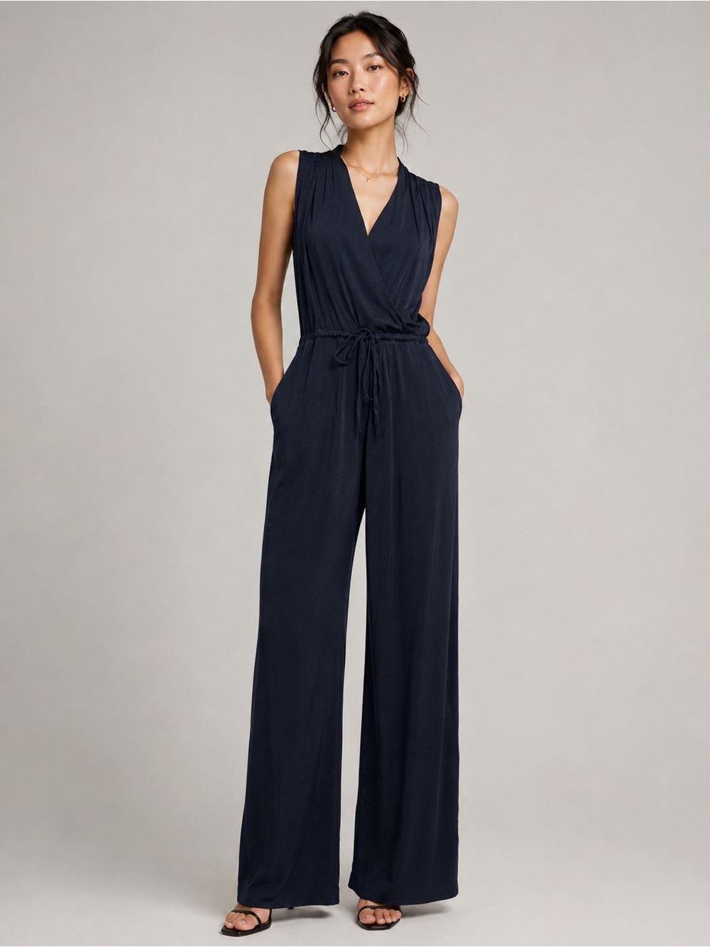 NWT Grade And Gather Satin Wrap Jumpsuit Medium Navy Wide Leg Cocktail Formal